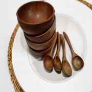 Neem Wood Soup Bowl and Spoon Set - 4 Pieces Natural, Sustainable, and Handcrafted Tableware | 4 Pieces Rustic Dining Set | Antimicrobial Kitchenware | Durable, Natural, and Stylish Tableware | Sustainable, Antimicrobial, and Handcrafted